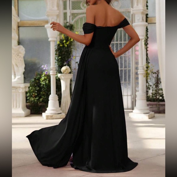 Luxe off shoulder draped hem slit thigh party formal prom wedding gown dress - Picture 2 of 16
